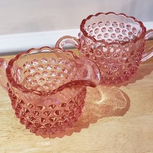 L E Smith Cranberry hobnail sugar and creamer